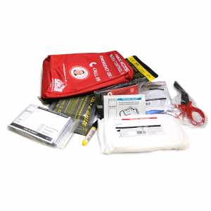 Image of the bag and contents of The Daniel Baird Foundation Bleed Kit which is assembled and sold by Turtle Defib Cabinets, which also manufactured the UK's first bleed control cabinet.