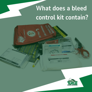 Image of The Daniel Baird Foundation Bleed Kit which is supplied by Turtle Defib cabinets with text 'What does a bleed control hit contain?'