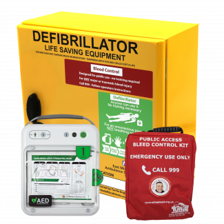 Heated unlocked small cabinet with IPAD NFK200 defibrillator and Daniel Baird Foundation Bleed Control Kit