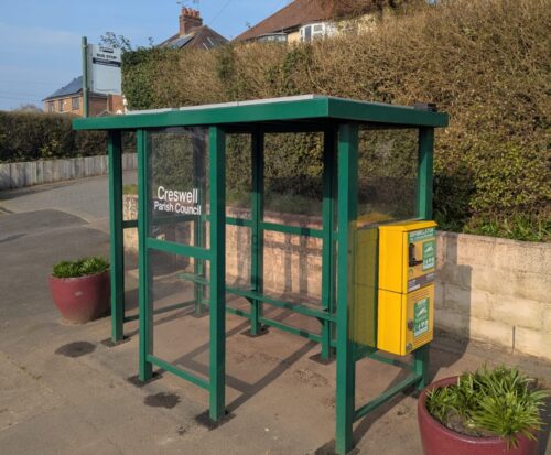 First bus shelter in the UK - Creswell, Staffordshire – to be installed with a solar powered defibrillator cabinet