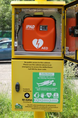 The interior of Turtle’s unique wind and solar powered defib cabinet at RSPB Baron’s Haugh Nature Reserve
