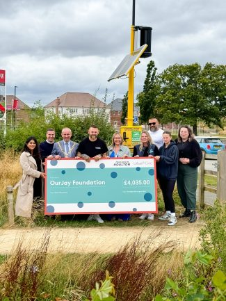 Representatives from Urban&Civic, OurJay Foundation with the Mayor of Rugby at the hTurtle wind and solar defib at Houlton
