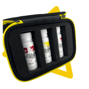 Diabetes Hypo Kit- shown with case open to display the three plastic bottles of caffeine and gluten free flavoured sugar solutions. 