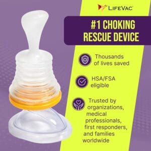 Close up of Life-Vac anti-choking device alongside text highlights of product. 