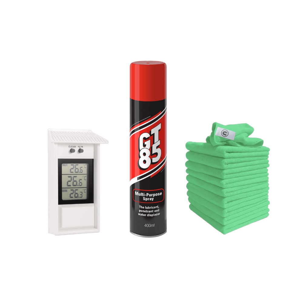 Max/Min Thermometer, GT85 lubricant spray & green microfibre cleaning cloth