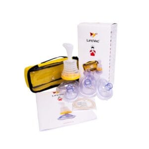 Life Vac travel kit, showing the device itself, yellow plastic travel bag, packaging and instruction leaflet. 