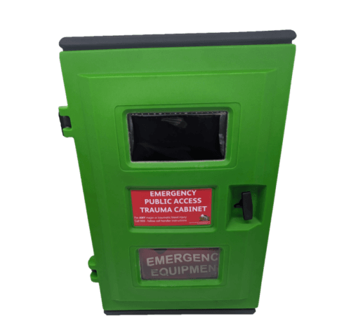 Large Emergency Station Cabinet- green plastic with multiple windows for visibility