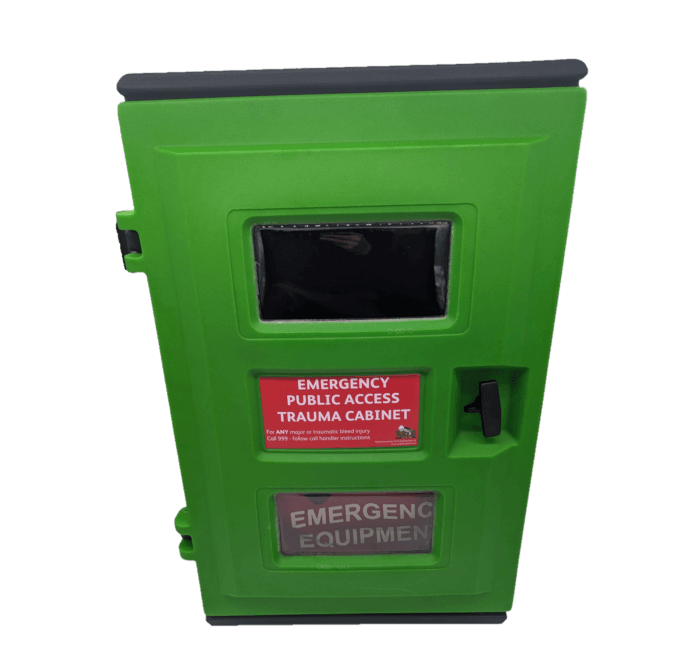 Large Emergency Station Cabinet- green plastic with multiple windows for visibility